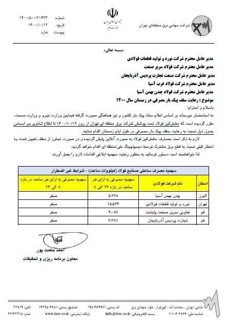 برق صنایع فولادی تحت پوشش شرکت برق منطقه‌ای تهران سهمیه‌ای شد