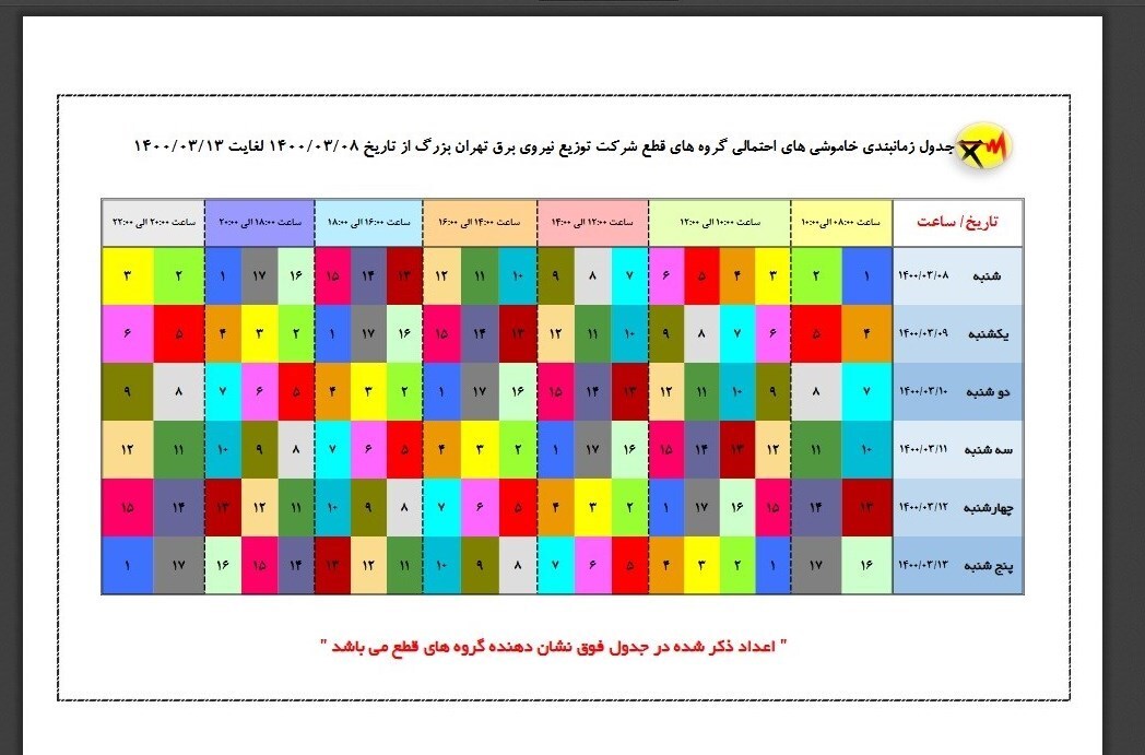 جدول زمان بندی خاموشی‌های احتمالی برق تهران از امروز تا پنج شنبه