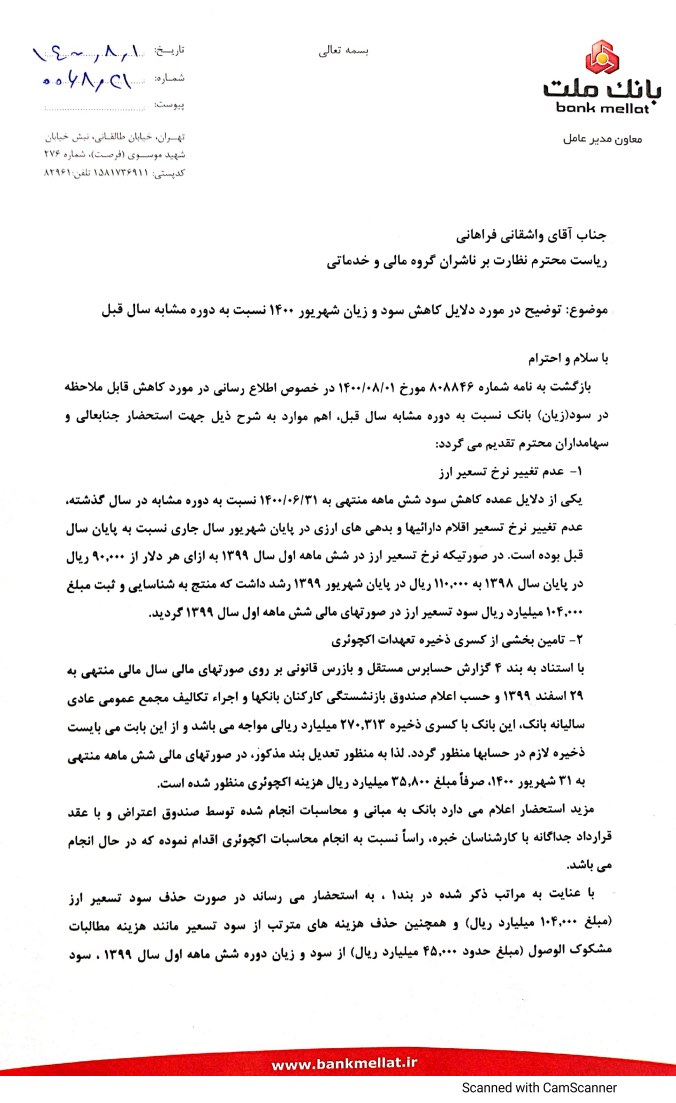 توضیحات بانک ملت درباره سود و زیان شش ماهه نخست ۱۴۰۰