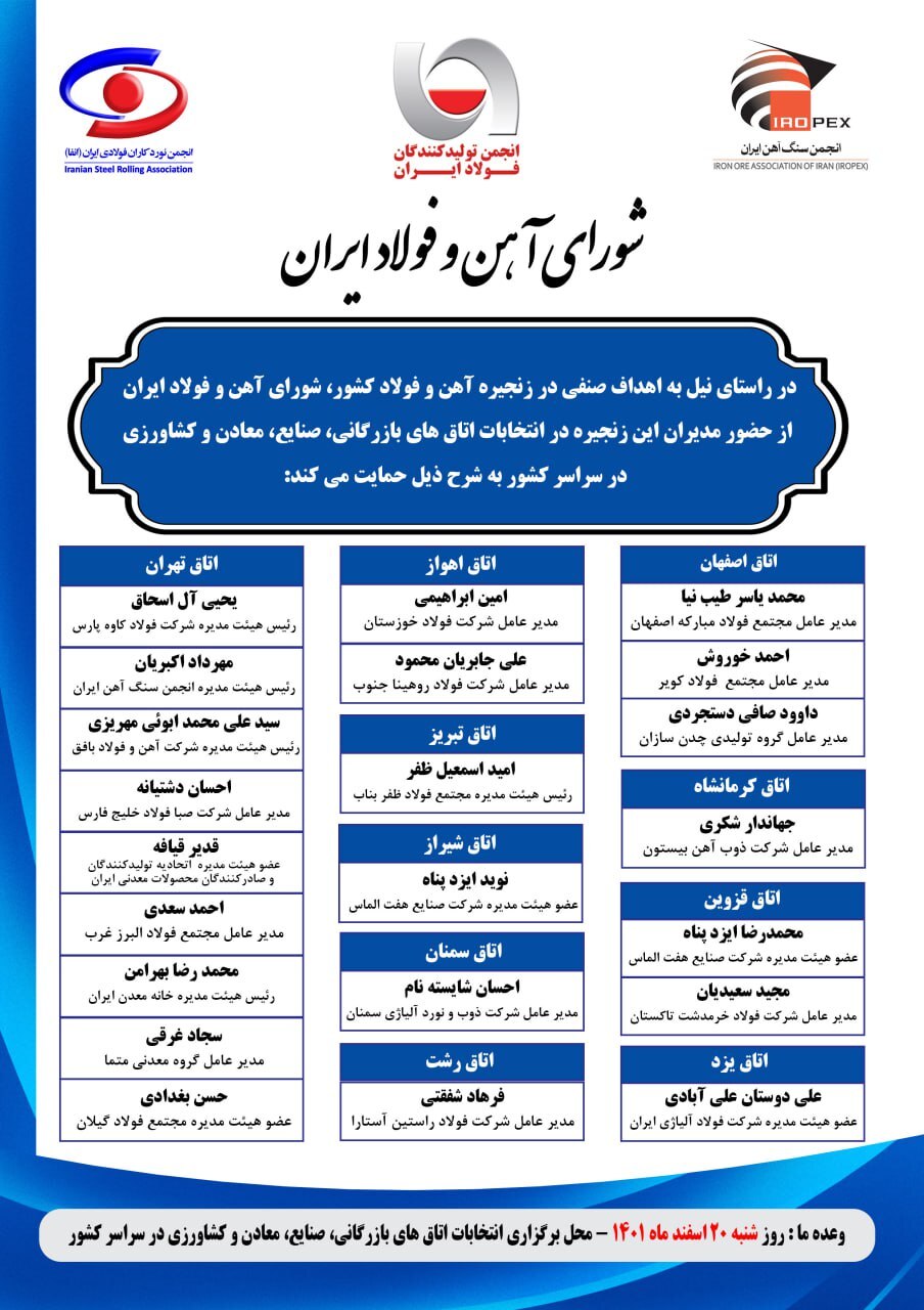 لیست صنفی مورد حمایت شورای آهن و فولاد در انتخابات اتاق‌های بازرگانی منتشر شد