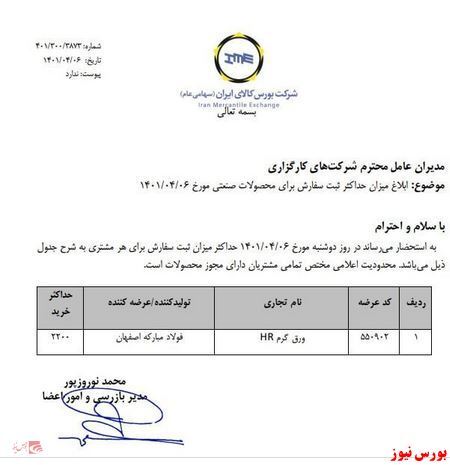 اعلام حداکثر میزان ثبت سفارش ورق گرم در بورس کالا
