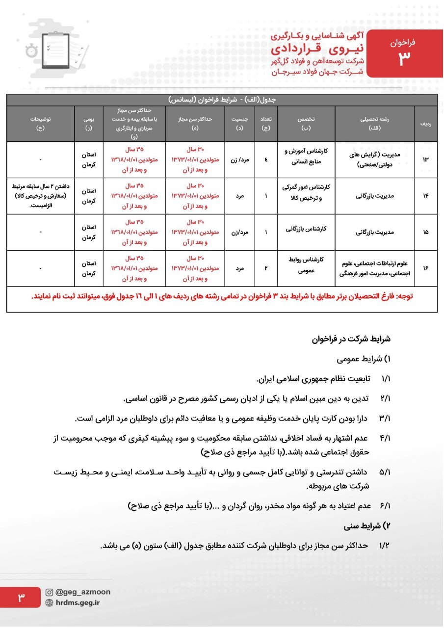آگهی تمدید مهلت ثبت نام آزمون شناسایی و به کارگیری نیروی قراردادی شرکت توسعه آهن و فولاد گل‌گهر و شرکت جهان فولاد سیرجان