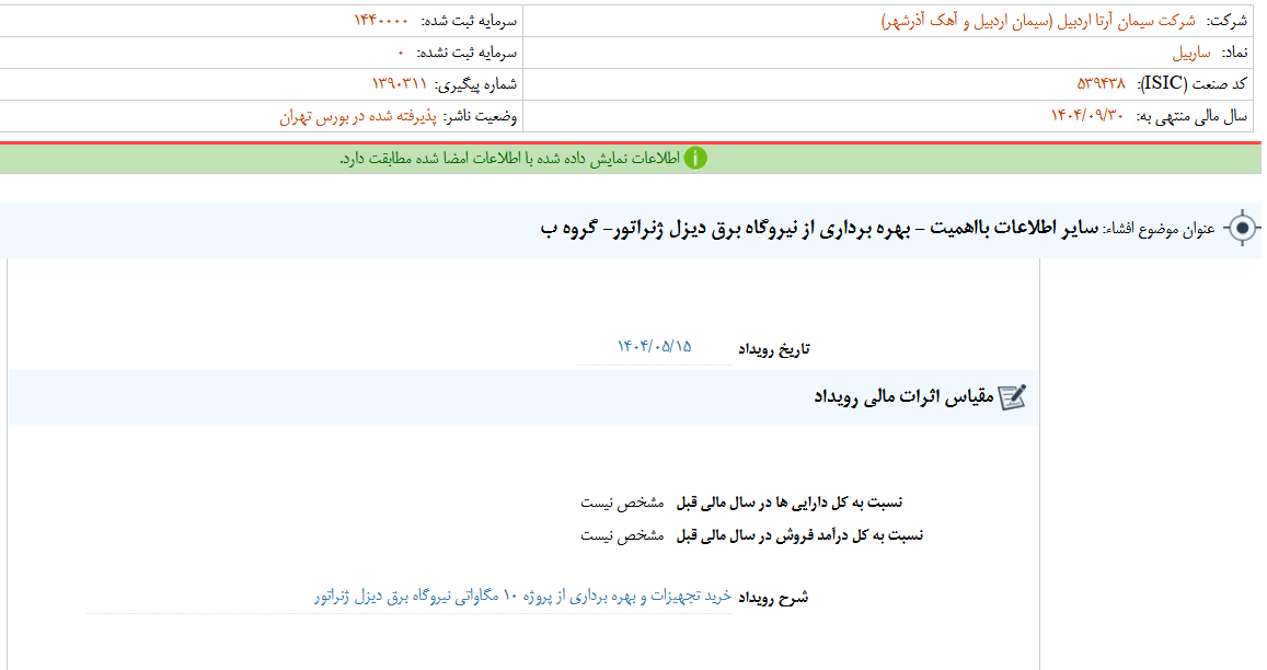 ساربیل از راه‌اندازی نیروگاه دیزل ژنراتور ۱۰ مگاواتی خبر داد
